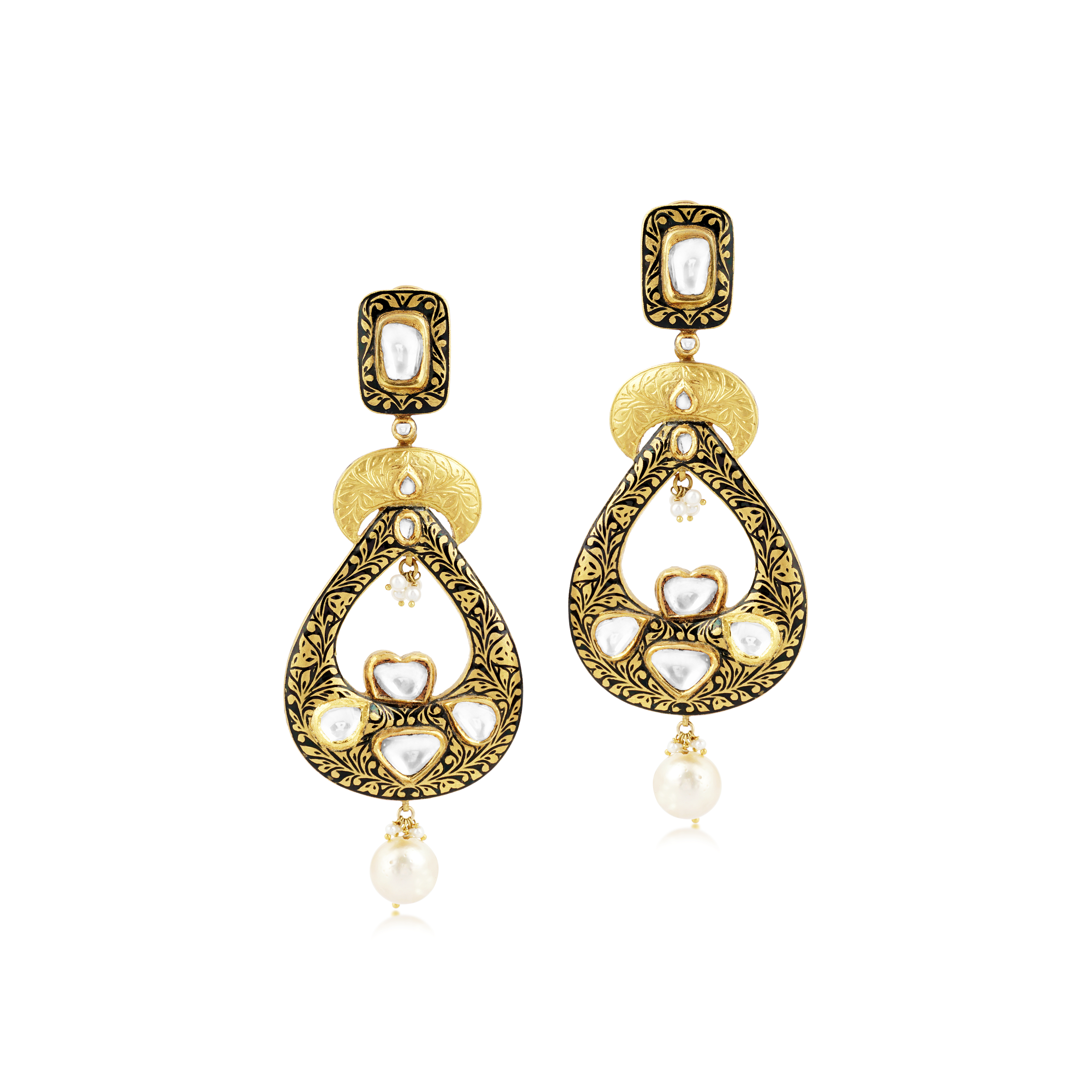 Teardrop Polki Earrings with Partash Work and Pearl Drops